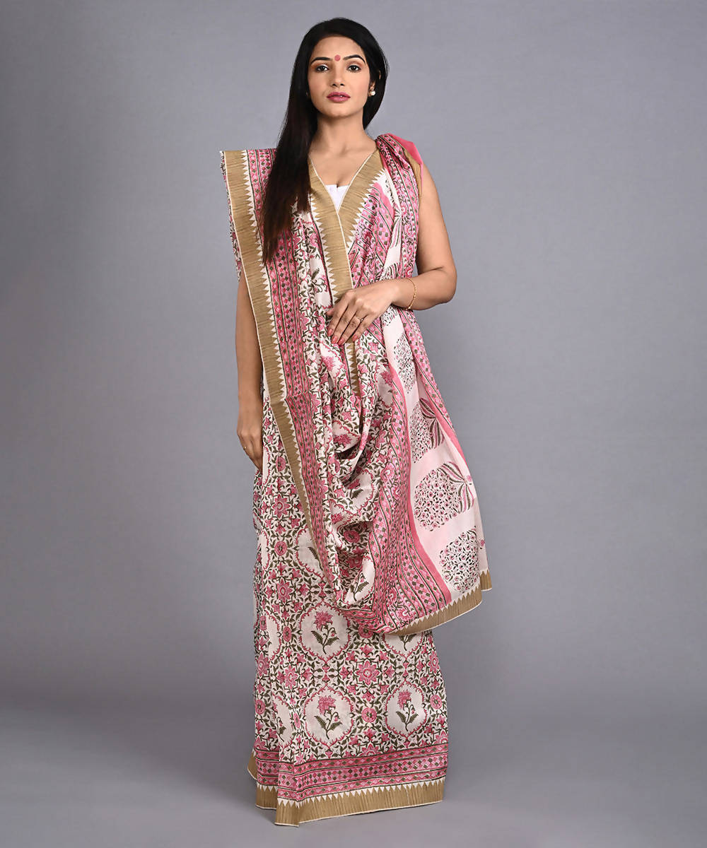 White cotton silk hand block printed saree with matching blouse