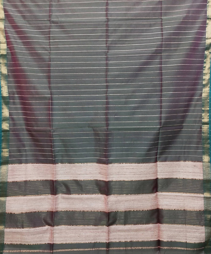 Grey green striped handloom cotton silk maheshwari saree