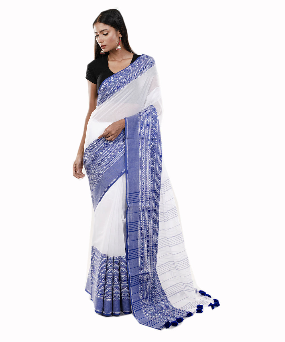 White and navy handloom tangail bengal cotton saree