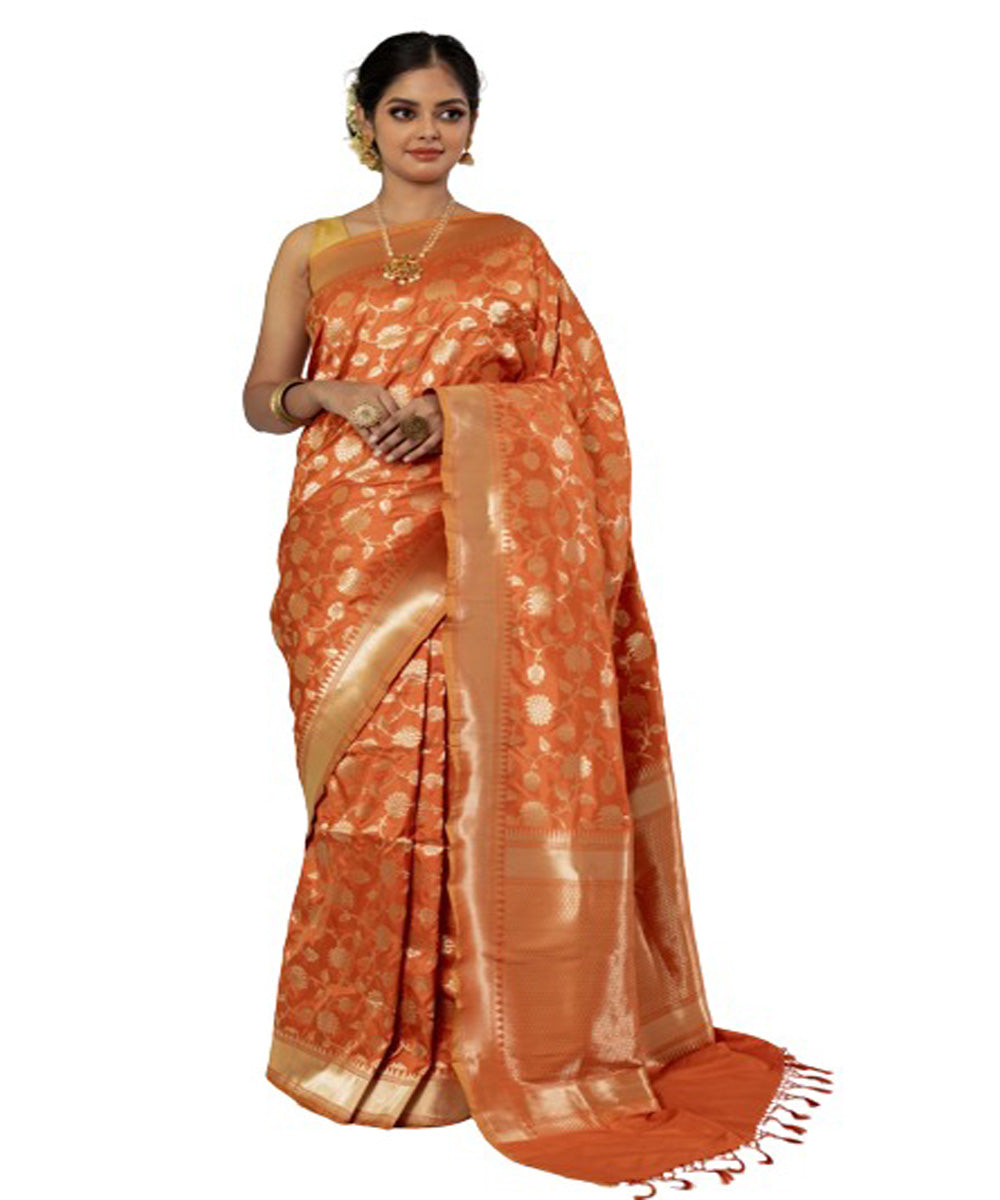 Orange handloom silk fekua jaal design banarasi saree