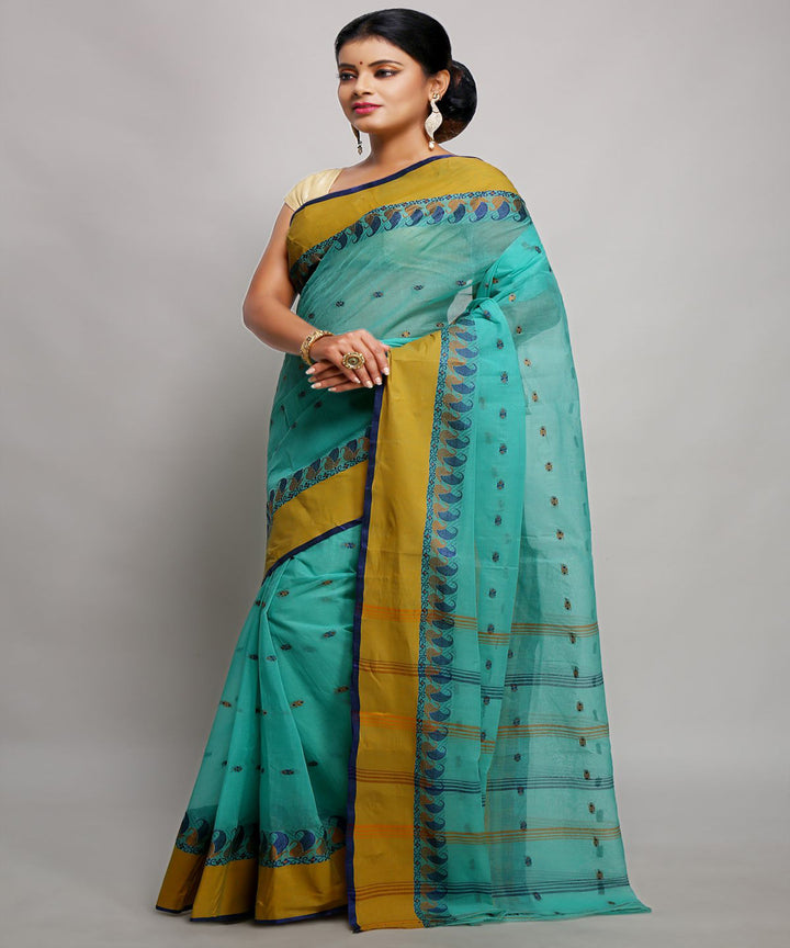 Sky blue mustard handwoven tangail tant cotton bengal saree
