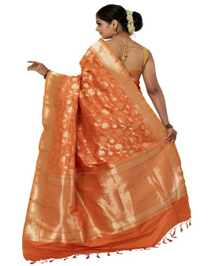 Orange handloom silk fekua jaal design banarasi saree