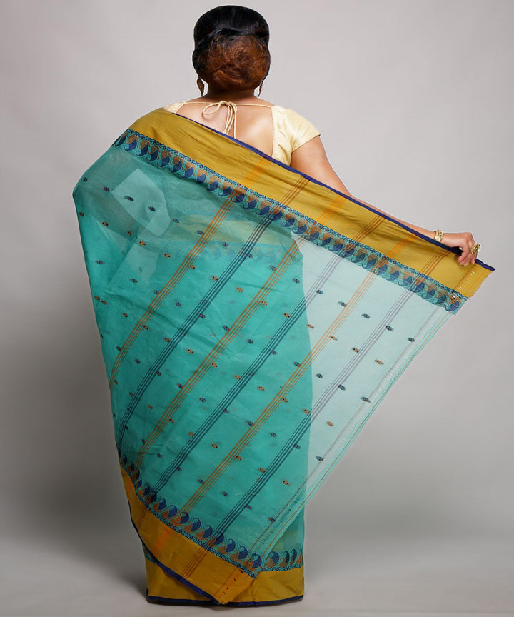 Sky blue mustard handwoven tangail tant cotton bengal saree