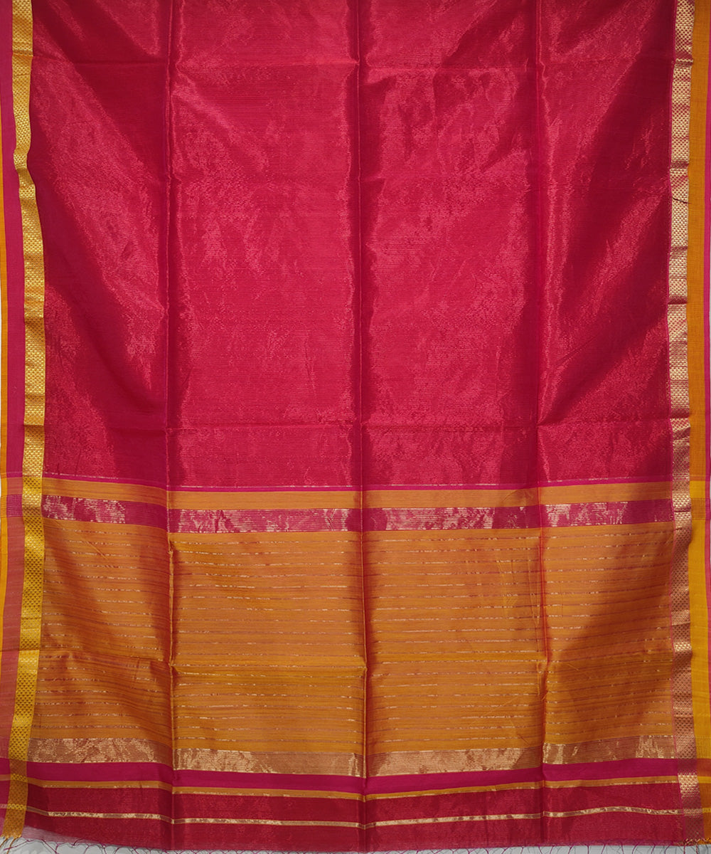 Dark pink yellow handwoven cotton silk maheshwari saree