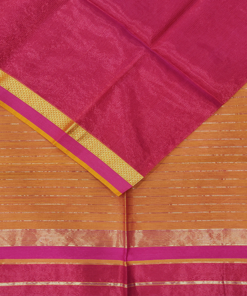 Dark pink yellow handwoven cotton silk maheshwari saree