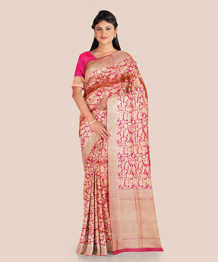 Red and beige handloom silk shikargah katan banarasi saree