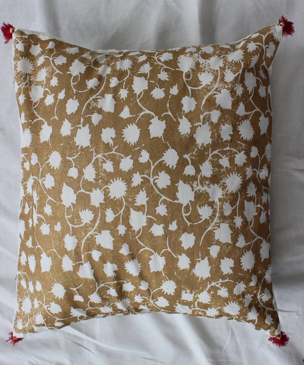 Handblock printed ivory brown cotton cushion cover
