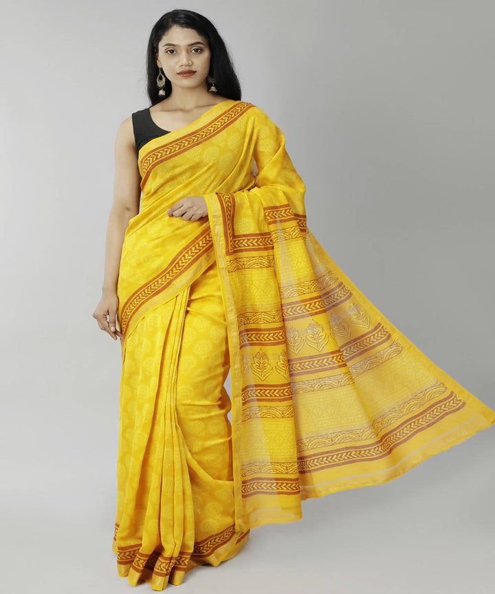 Sun yellow bagru handblock printed cotton silk saree