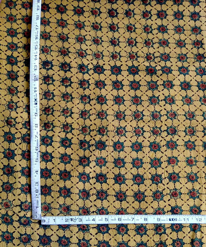 Yellow natural dye ajrakh block print handspun handloom cotton fabric