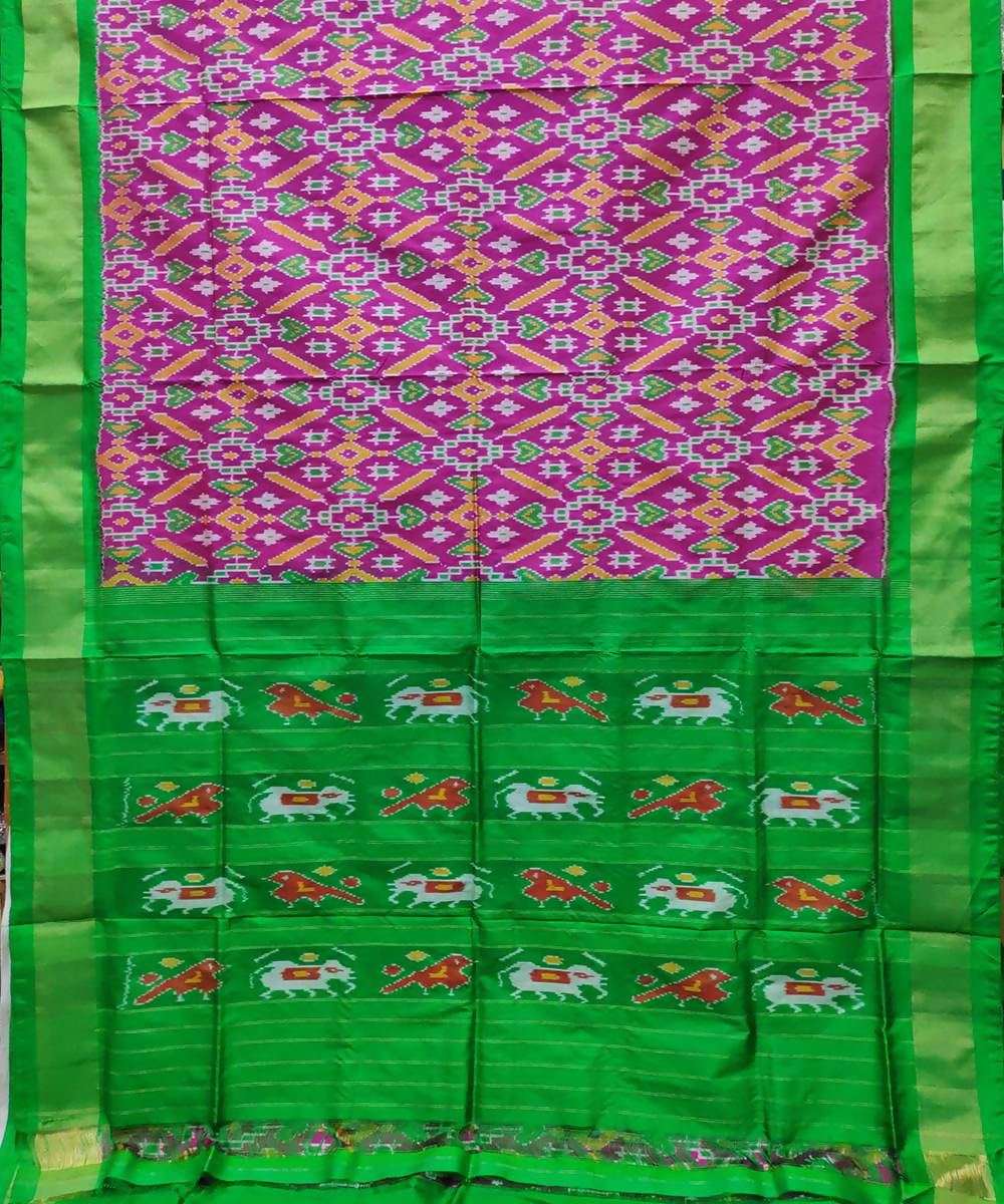 Pink and green handloom ikat silk pochampally saree