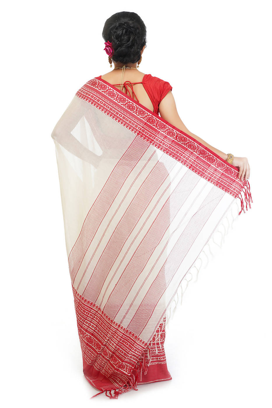 Handloom bengal red and white cotton saree