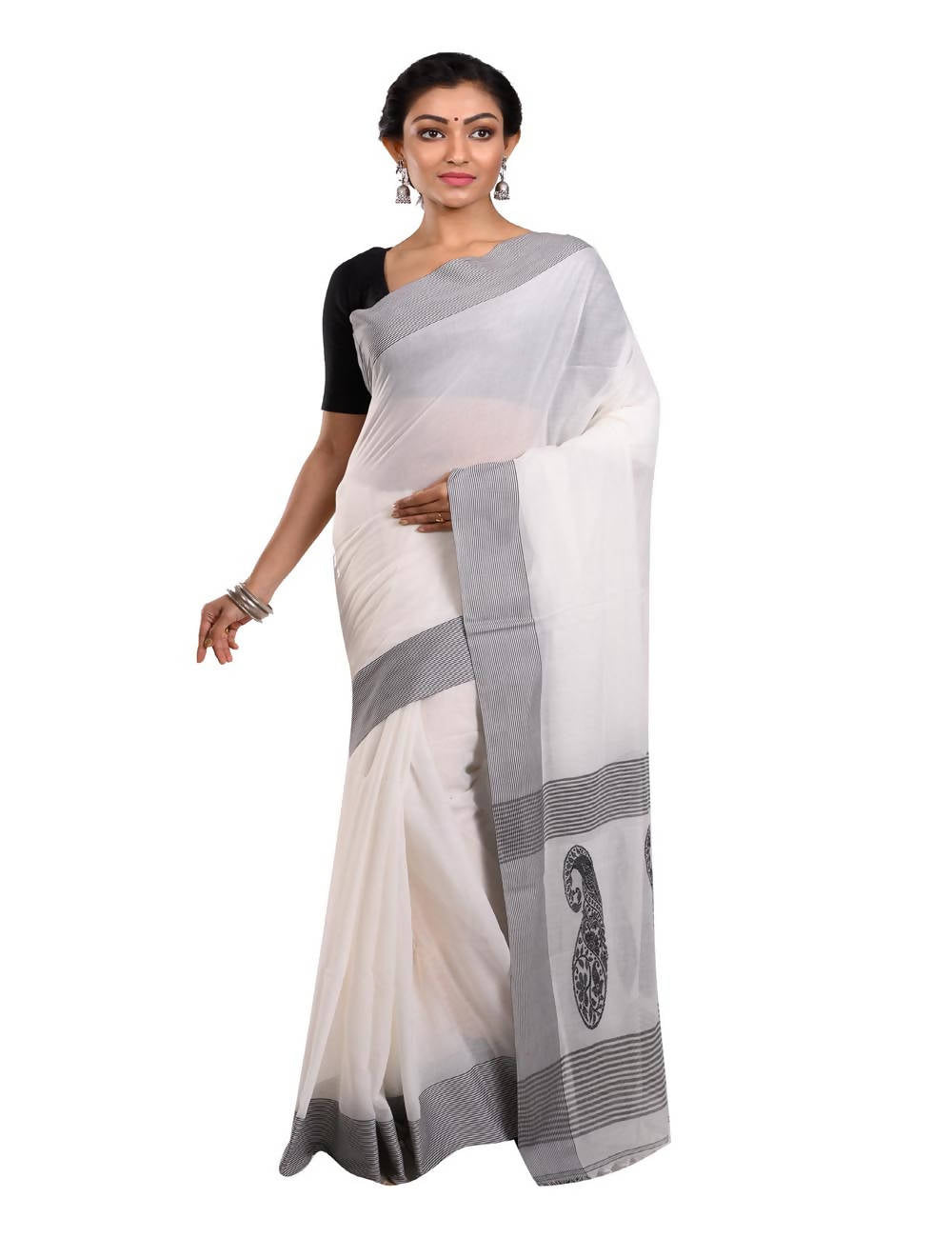 Bengal Handloom White Grey Tant Cotton Saree