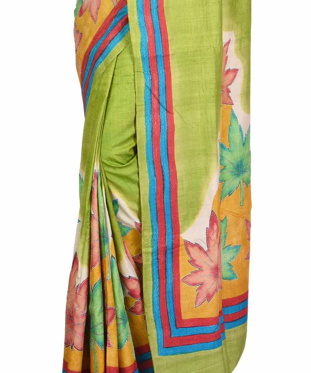 Green yellow bengal hand embroidery tussar silk saree