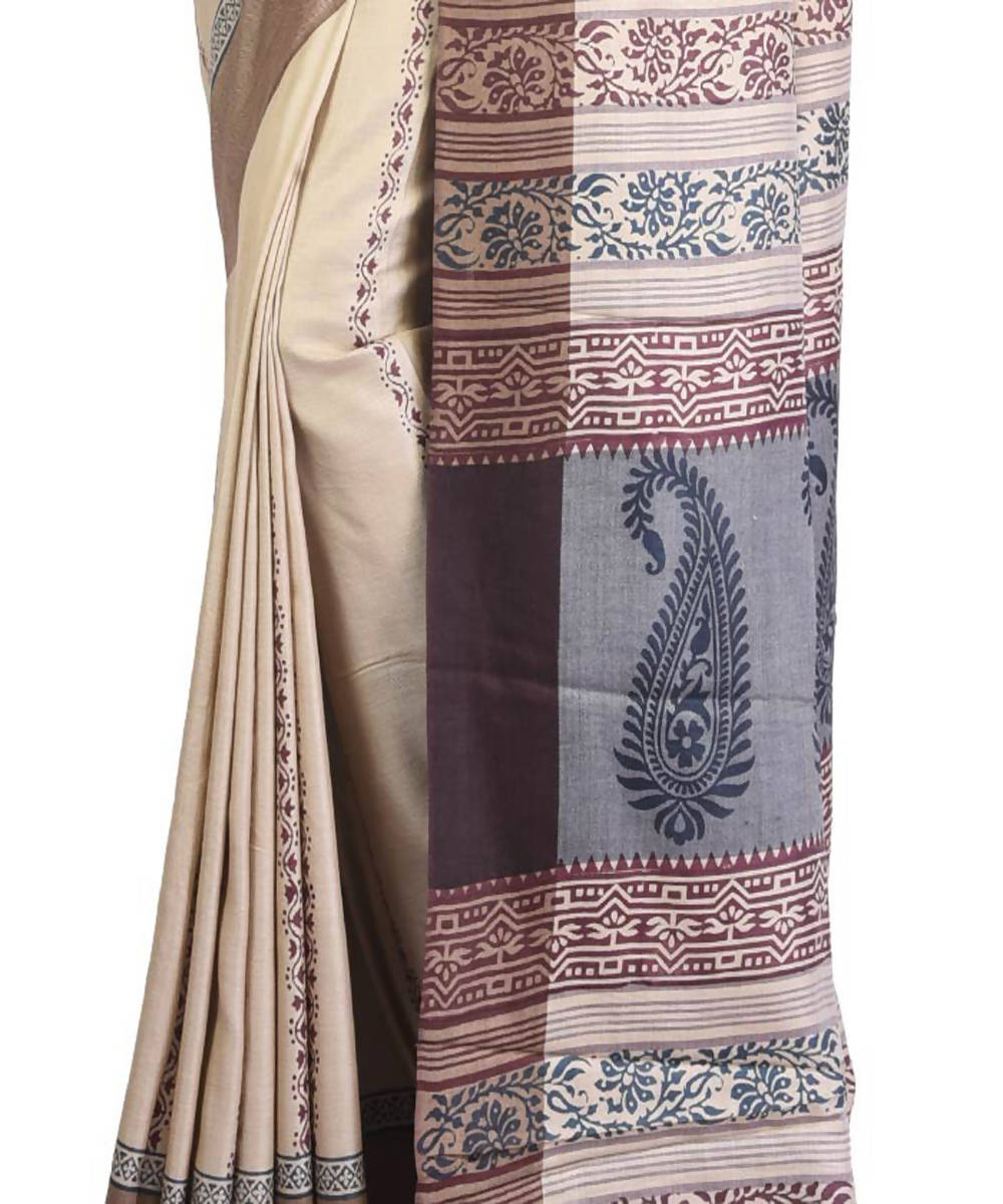 Beige brown handblock printed eri silk saree