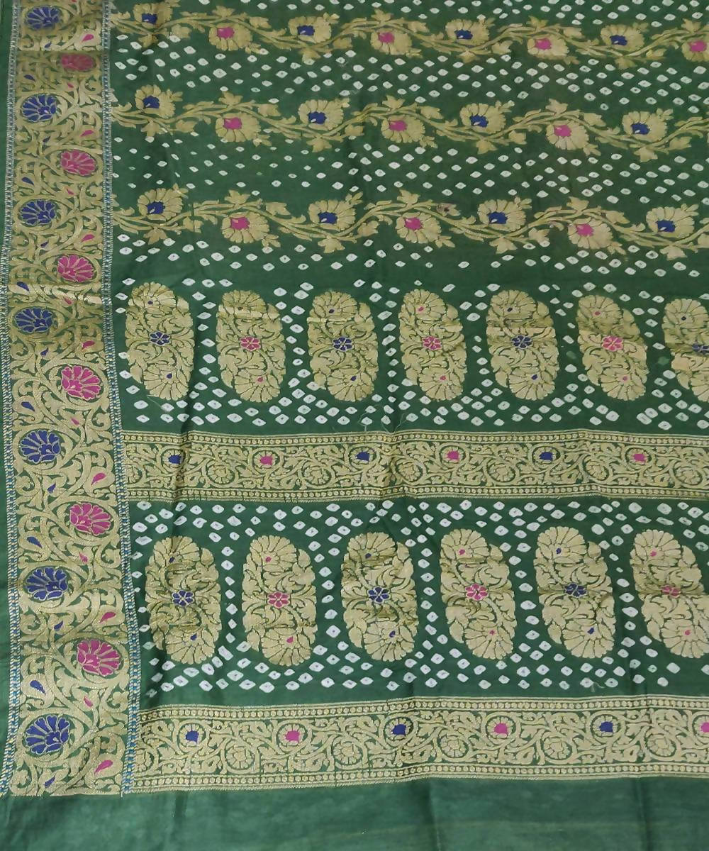 Bottle Green Handprinted tie dye Bandhani Silk Saree