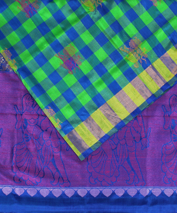 Green blue checks handwoven karnataka silk saree