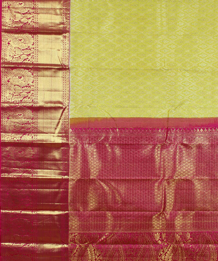 Yellow dark pink handwoven karnataka brocade silk saree