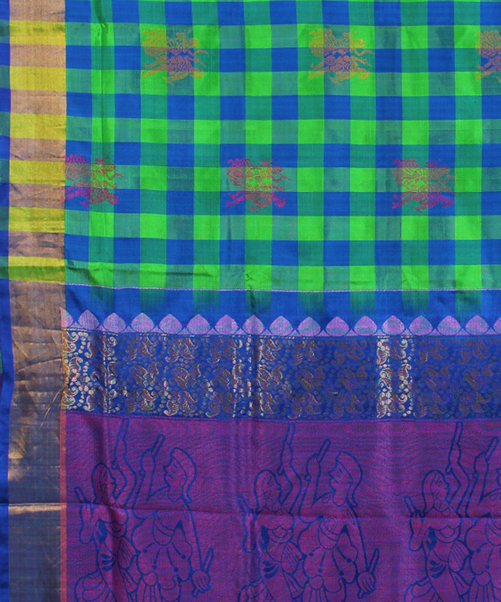 Green blue checks handwoven karnataka silk saree