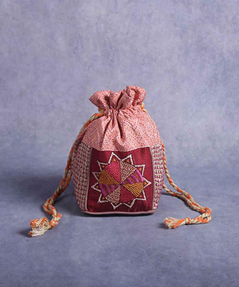 Light pink hand made kantha stitch cotton batua bag