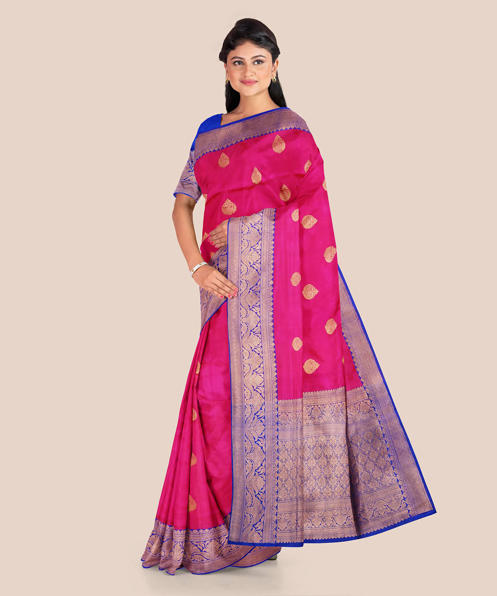Pink with blue handwoven banarasi katan silk saree