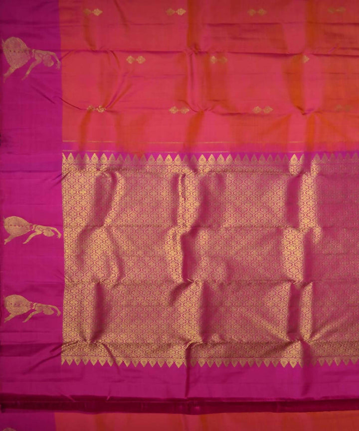 Orange Pink Handloom Dancing Lady Motif Dharmavaram Silk Saree