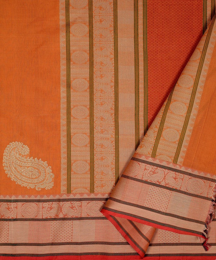 Orange thread work thread work handwoven cotton kanchi saree
