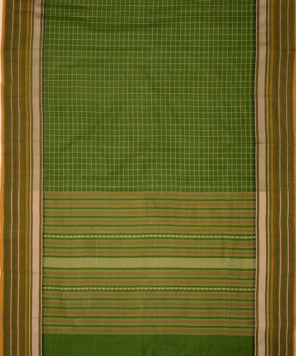 Light green line checks thread work handwoven cotton kanchi saree