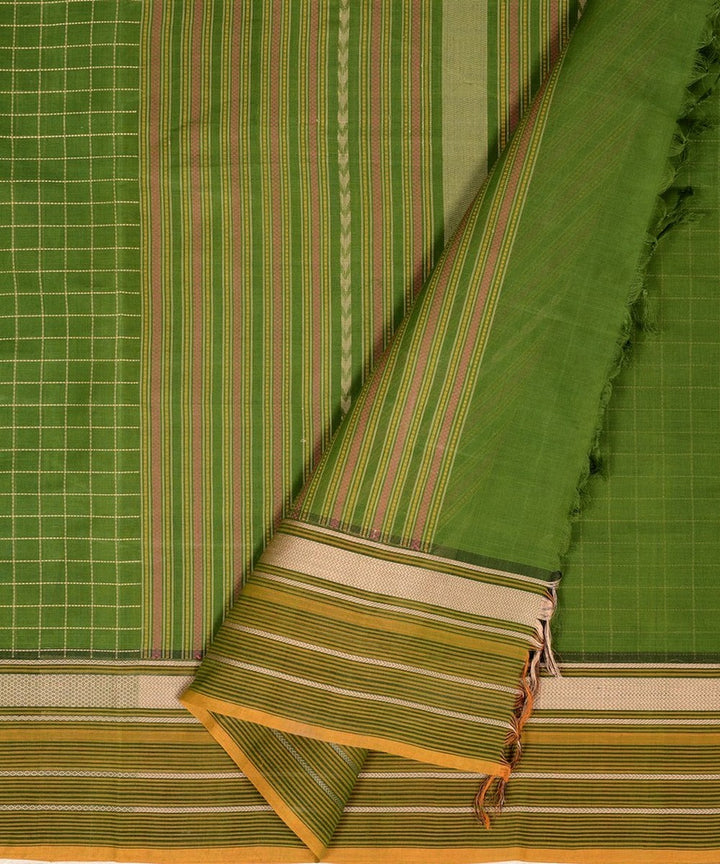 Light green line checks thread work handwoven cotton kanchi saree