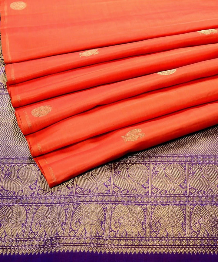Orange and blue purple handloom kanjivaram bridal silk saree