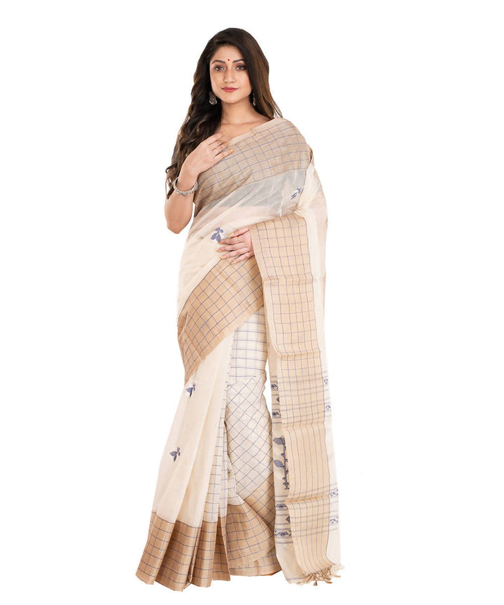 Offwhite and brown handwoven jamdani cotton bengal saree