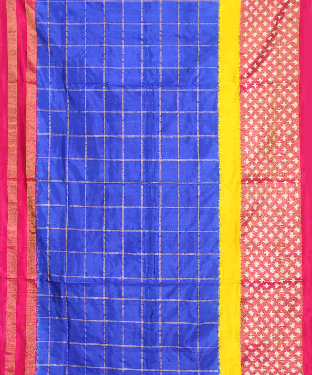 Blue and pink check handloom ikkat silk pochampally saree