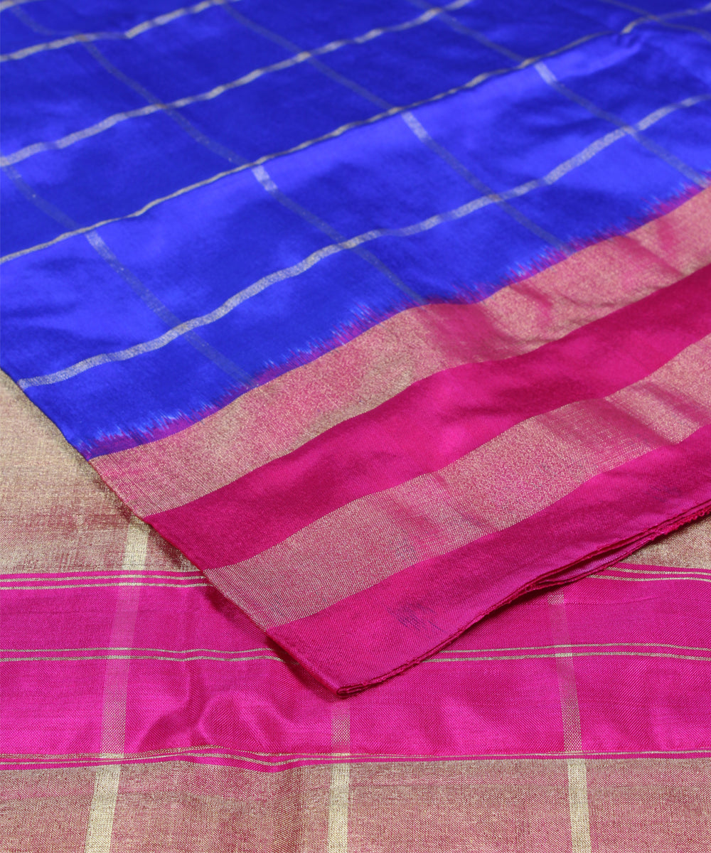 Blue and pink check handloom ikkat silk pochampally saree
