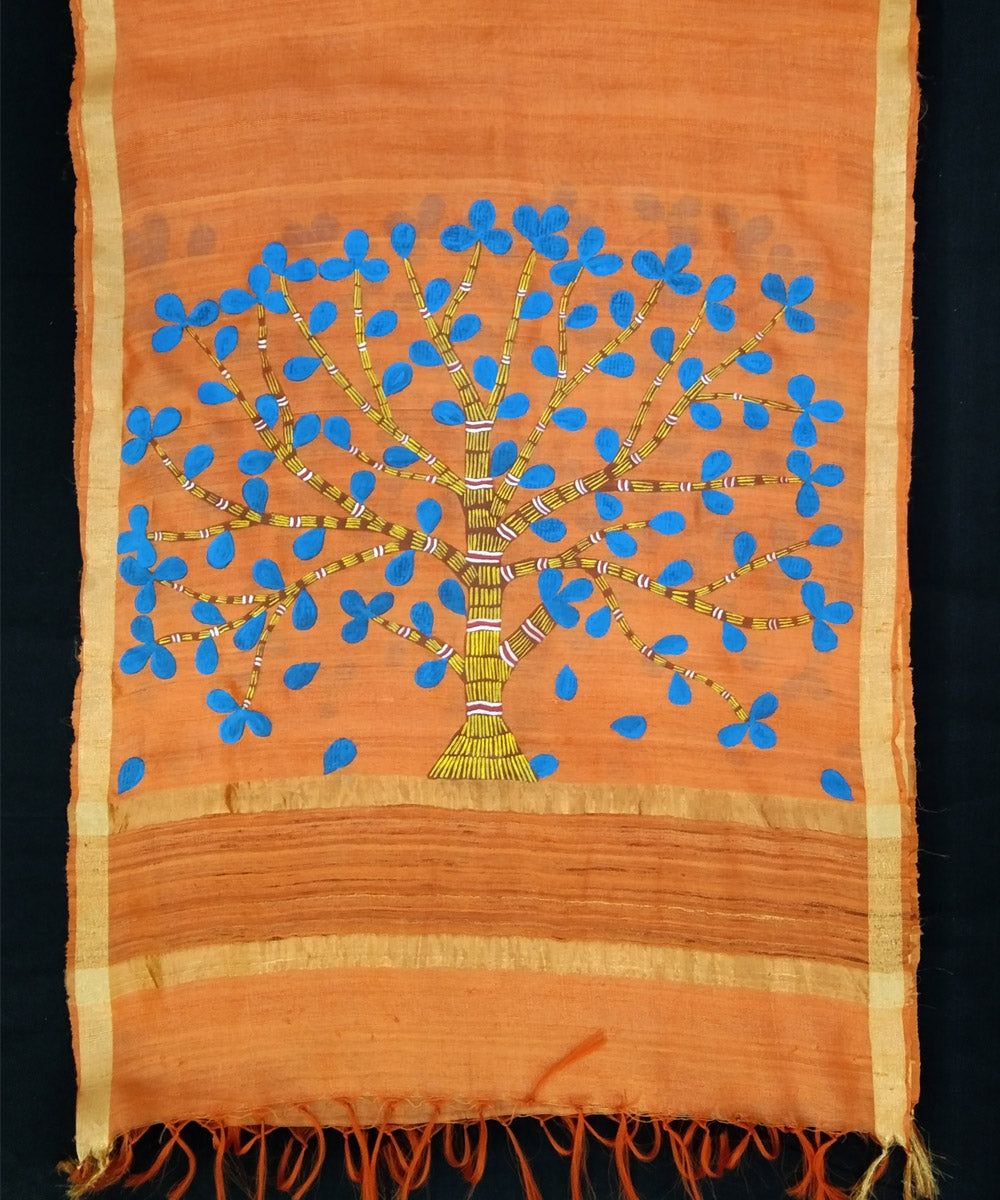 Golden orange godana art hand painted silk dupatta