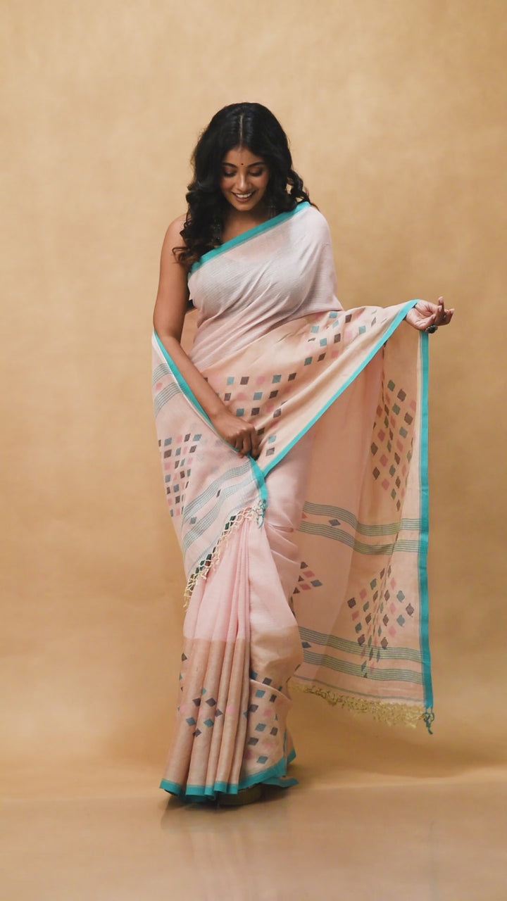 Off white handwoven tussar silk by cotton jamdani saree
