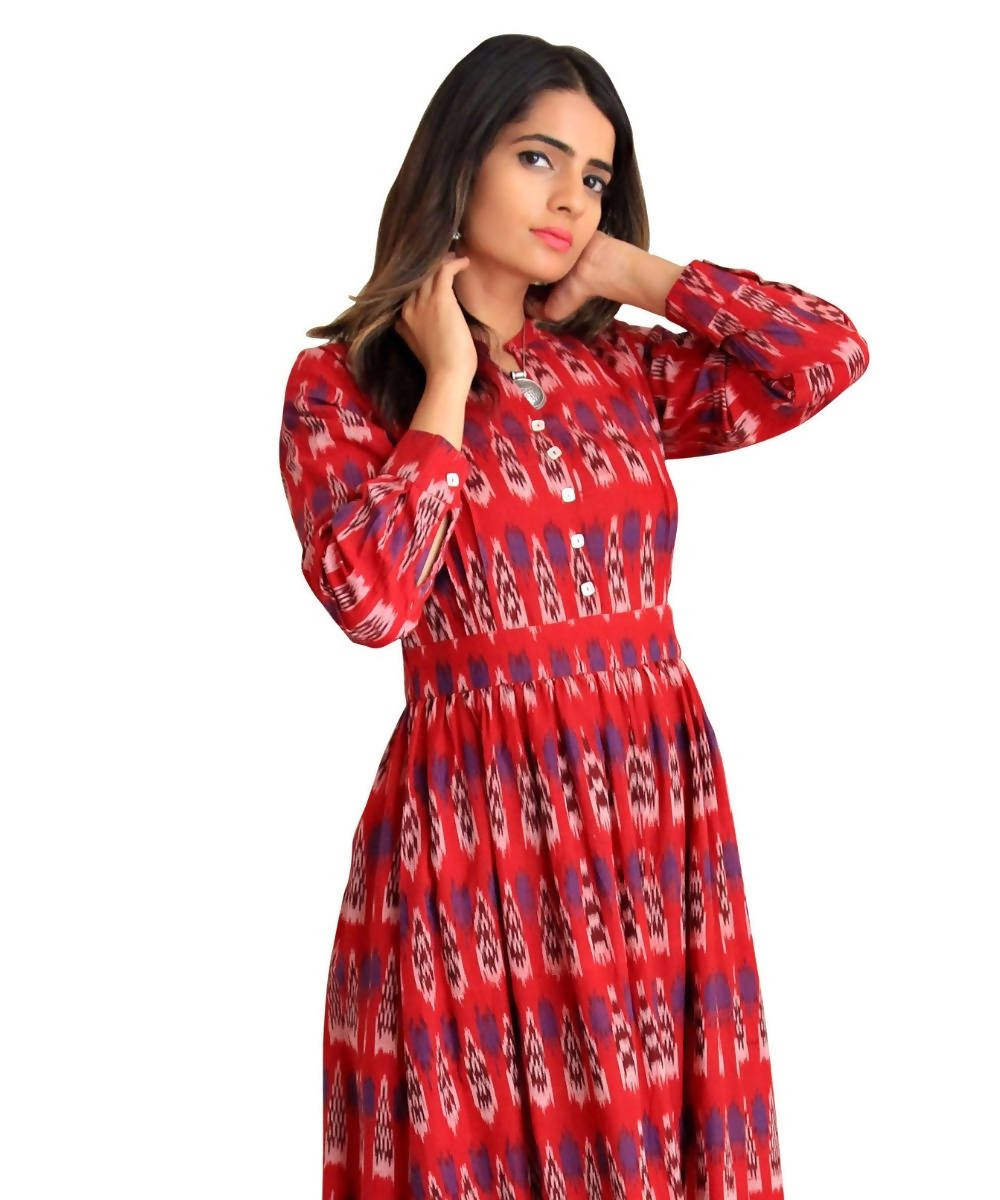 Red cotton ikat full length dress with frills