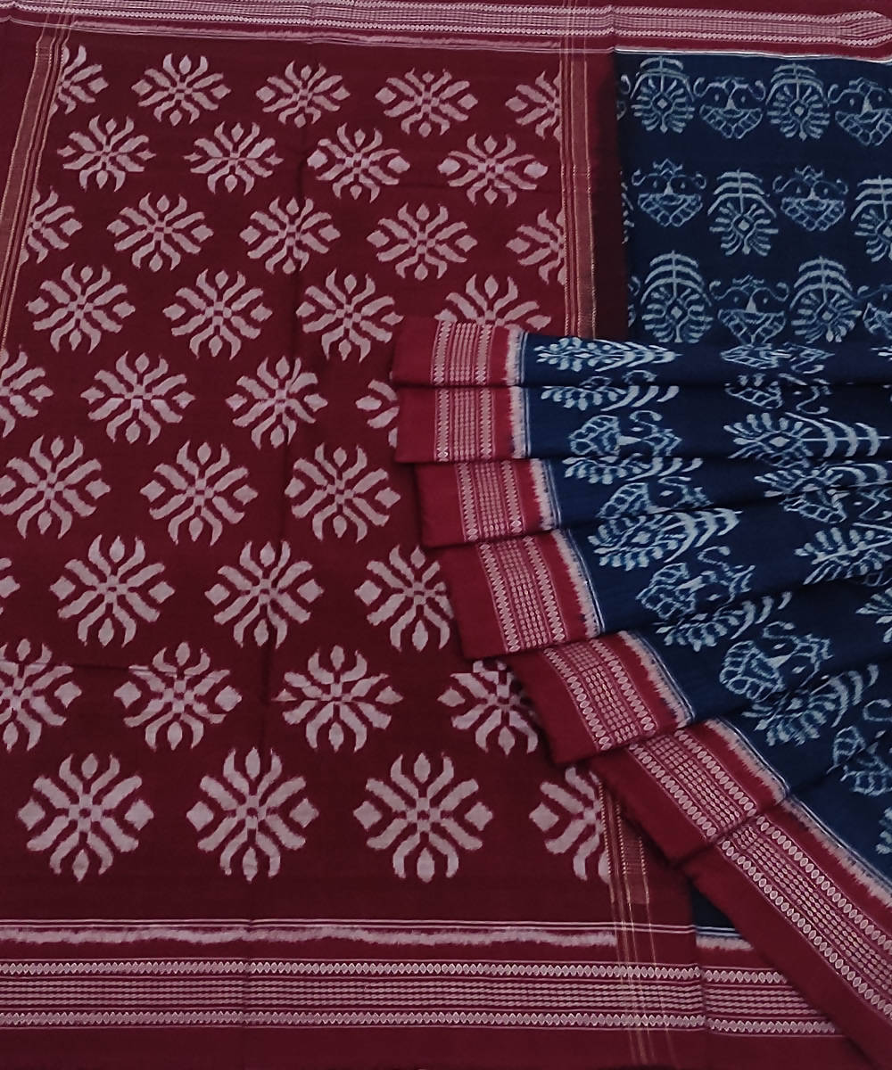 Navy blue and maroon cotton handwoven sambalpuri saree