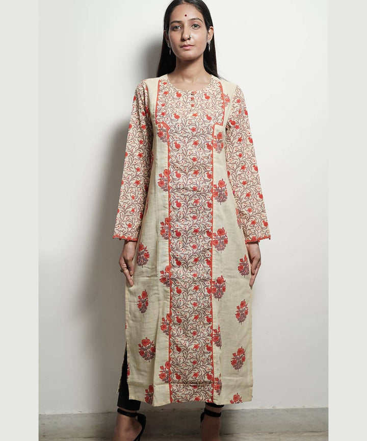 Cream orange full length sleeves and floral printed long cotton kurti