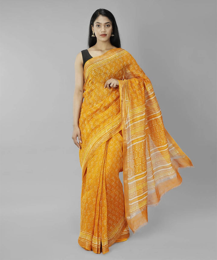 Yellow bagru handblock printed linen saree