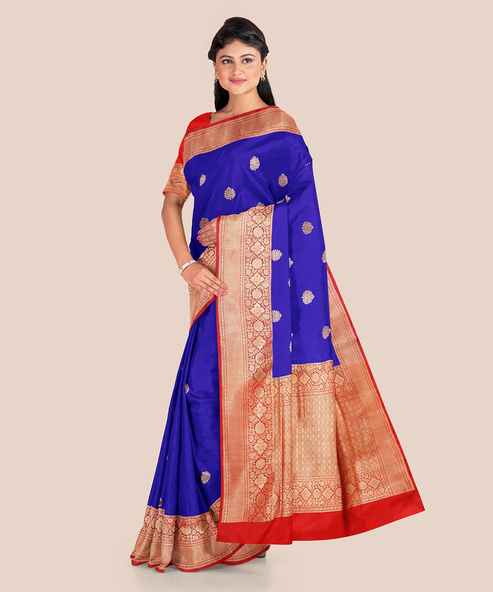Navy blue and orange silk handwoven banarasi saree