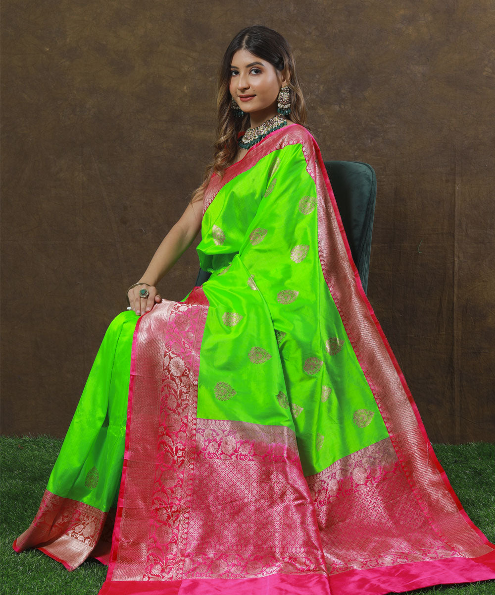 Lime green and pink silk handloom banarasi saree