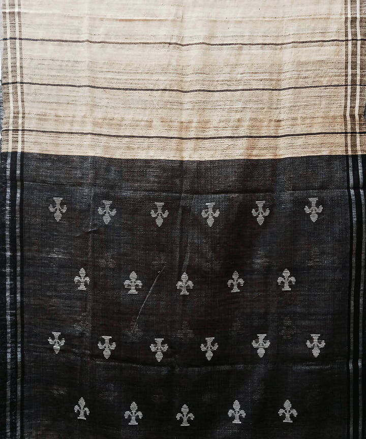 Black beige handwoven extra weft cotton silk saree