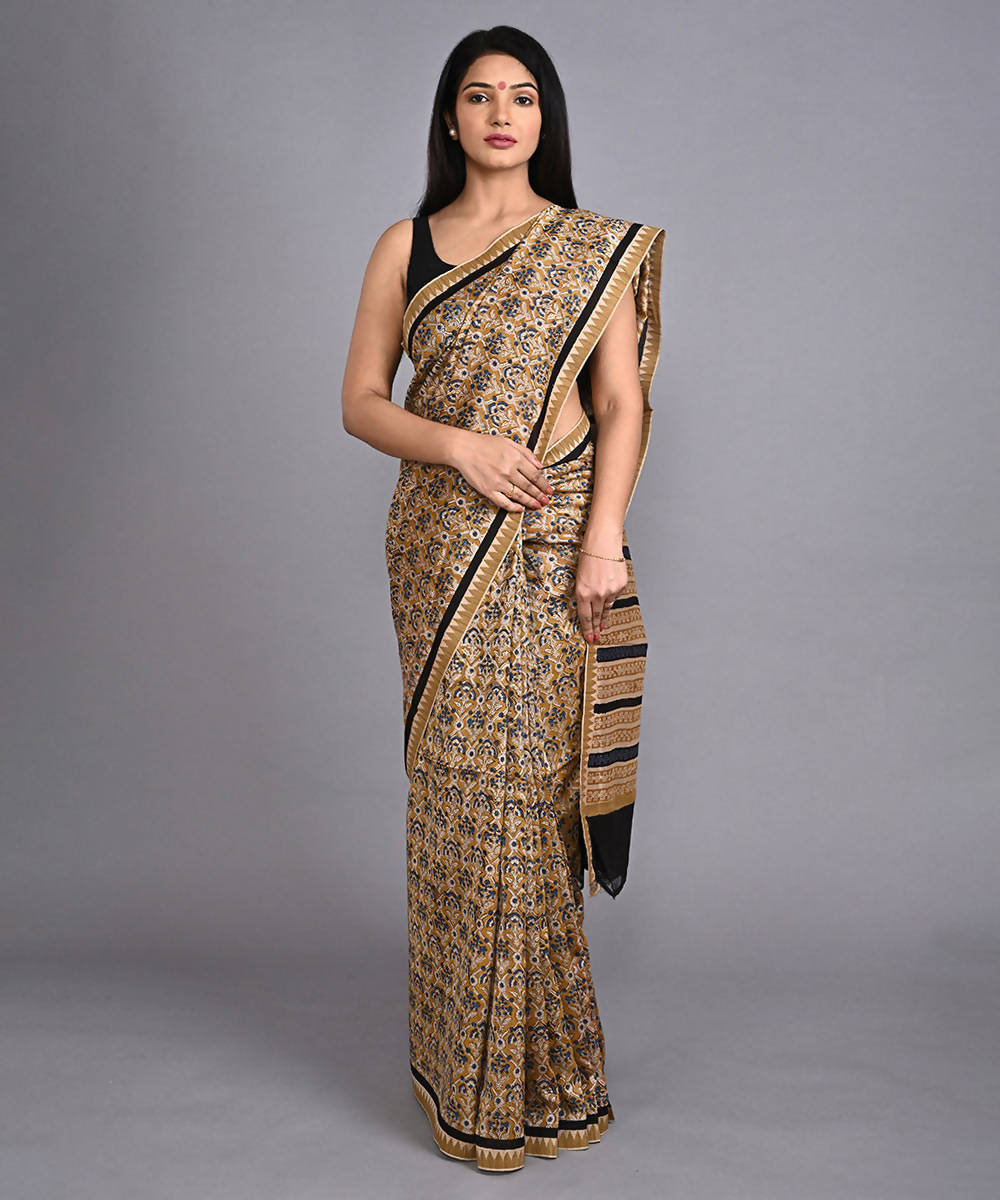 Multicolour cotton silk hand block printed saree with matching blouse