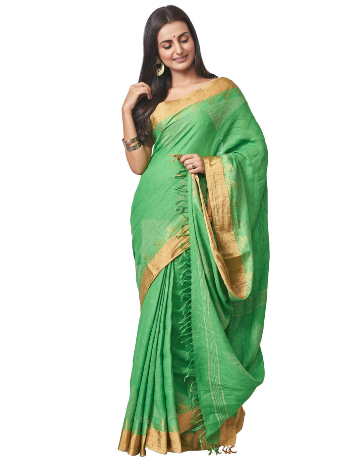Biswa bangla handloom green linen nettle jacquard saree with zari work