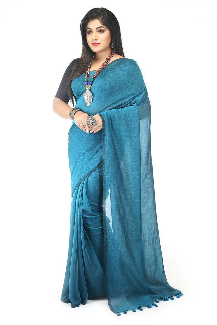 Handwoven bengal sky blue soft cotton saree