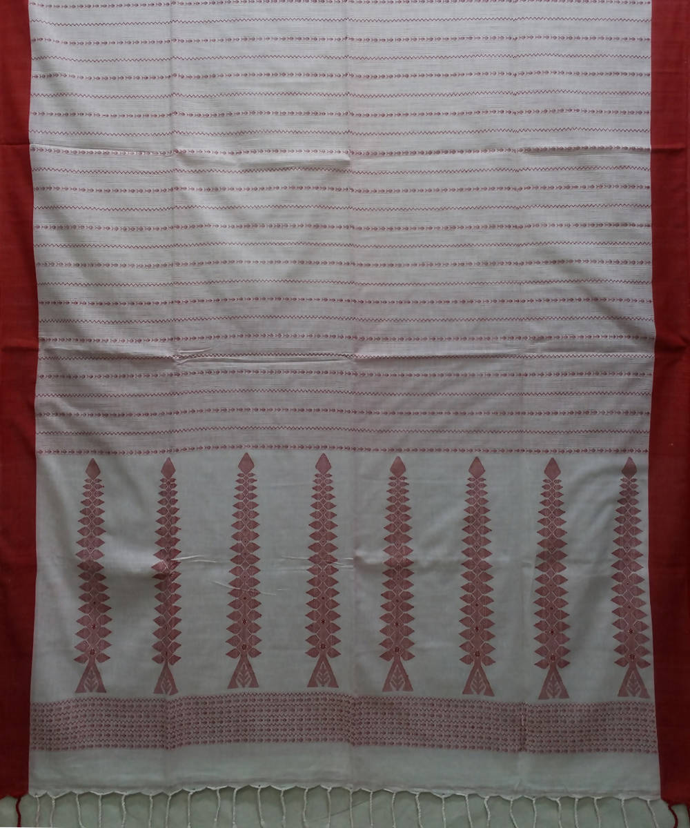Bengal handspun handwoven cotton off white and red saree
