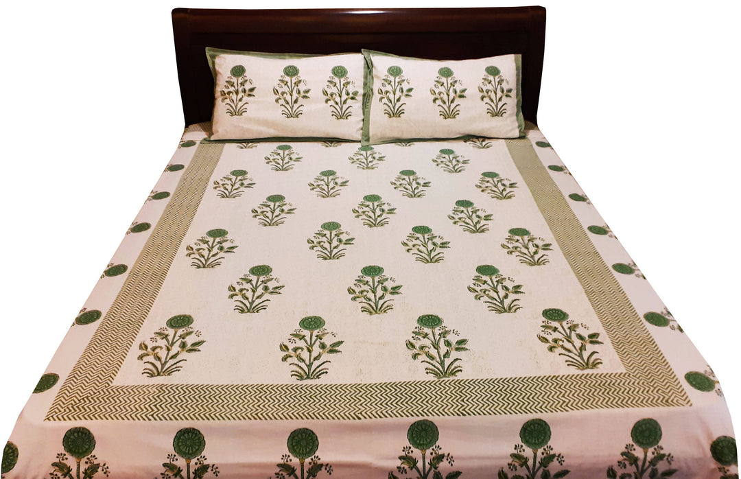 Off white green hand block printed cotton bedsheet with pillow covers