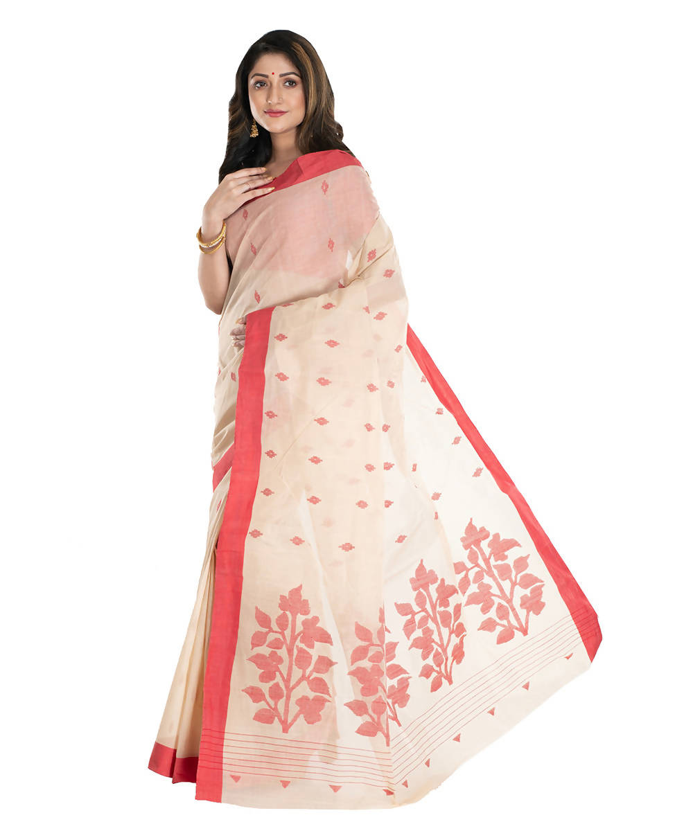 Red offwhite handwoven cotton bengal saree