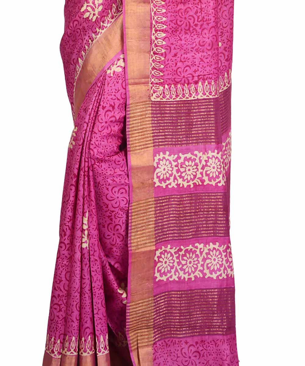 Pink hand block printed handwoven mulberry and tussar silk saree