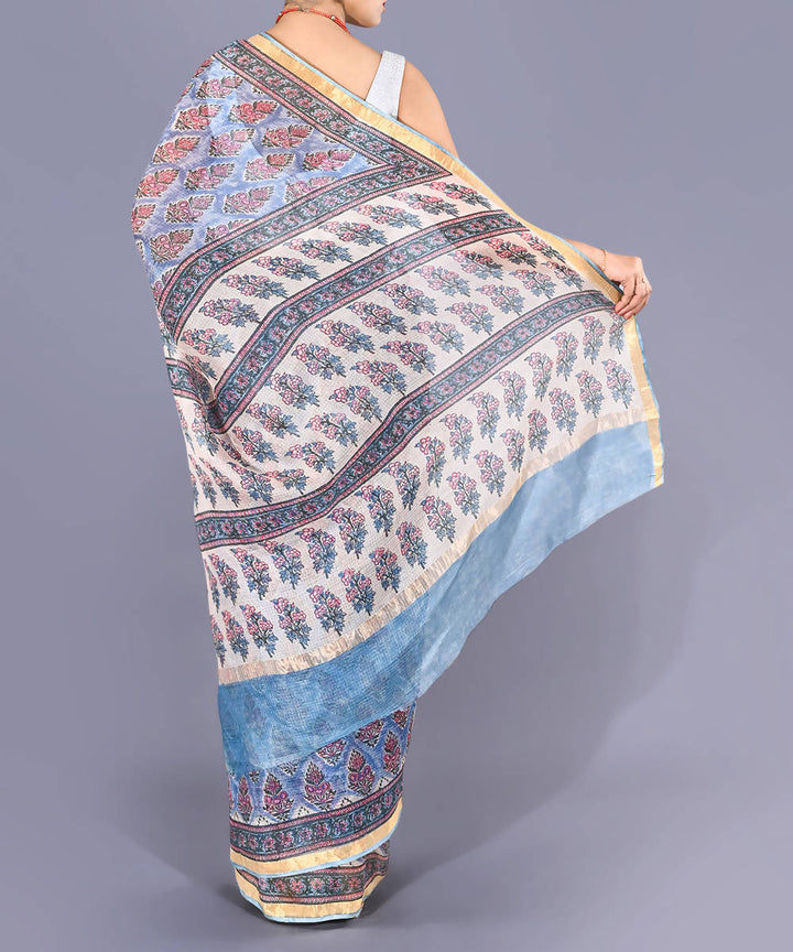 Blue kota silk hand block printed saree with zari border