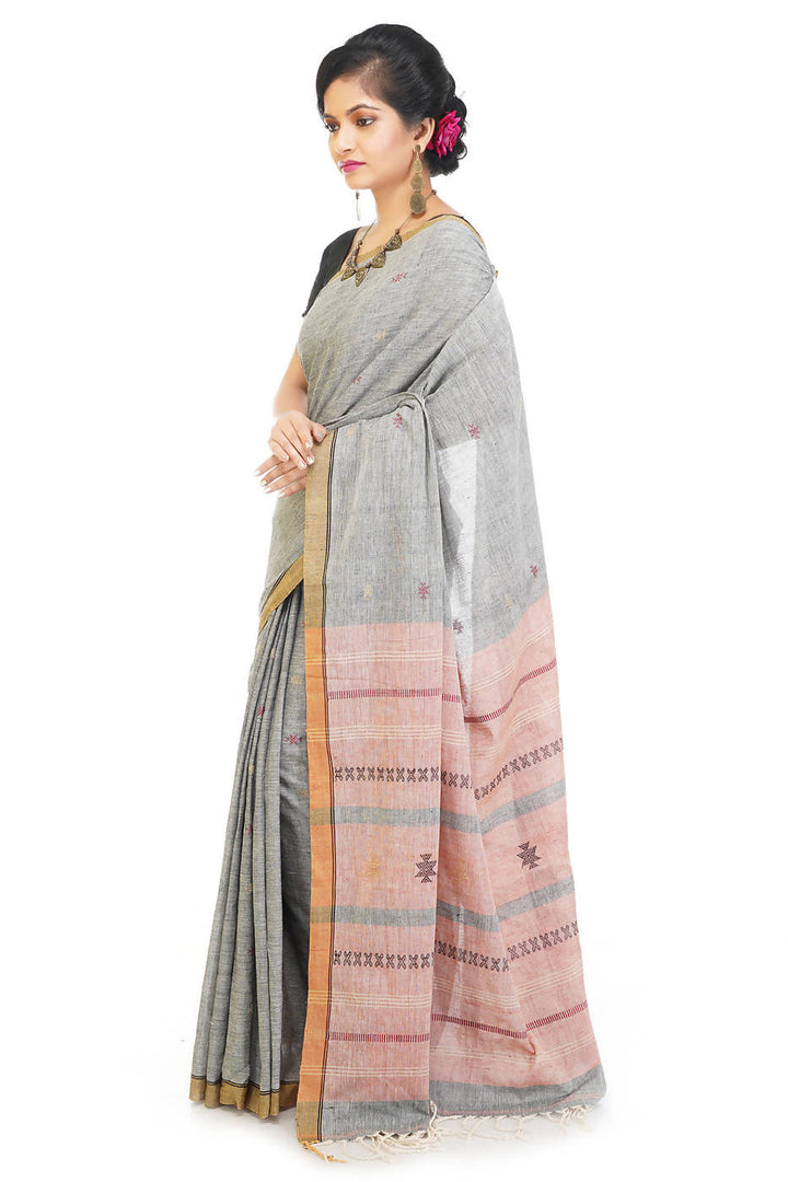 Handloom bengal light grey cotton jamdani saree